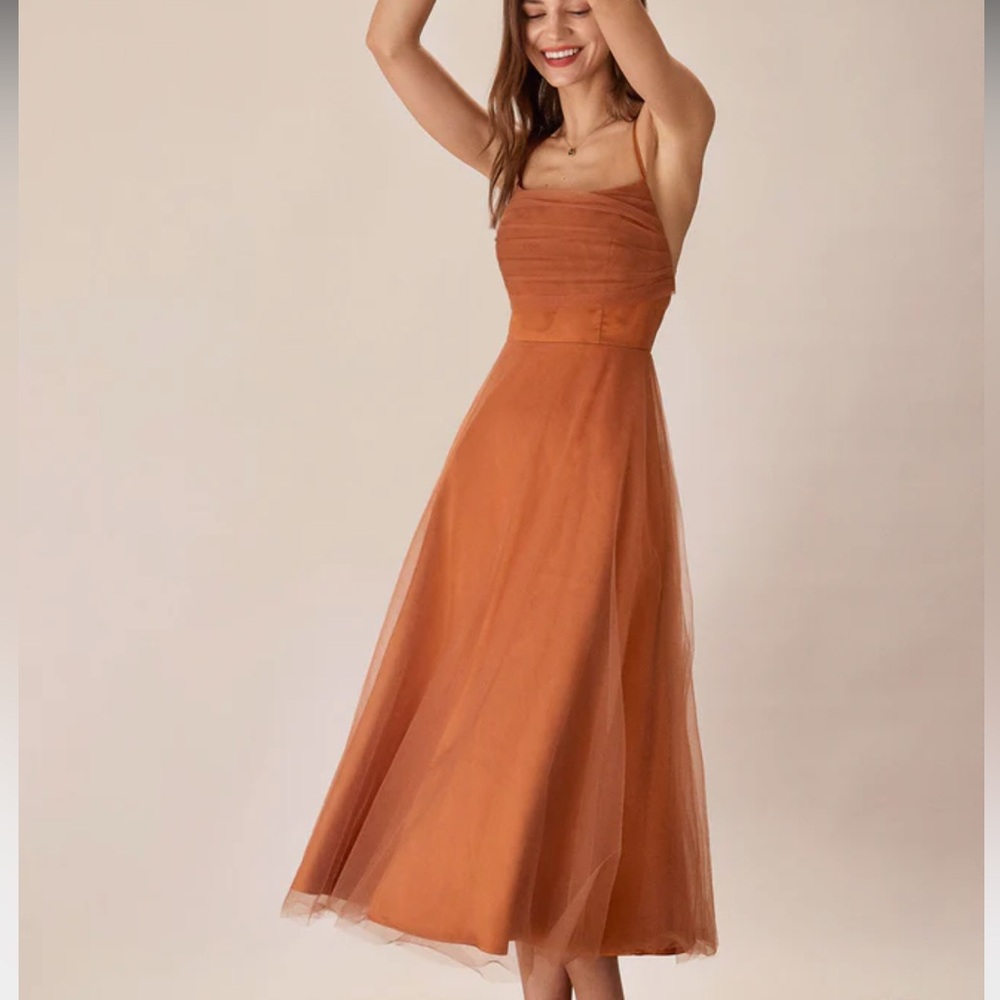 NWT RIHOAS Caramel Mesh Flowy Slip Midi Dress